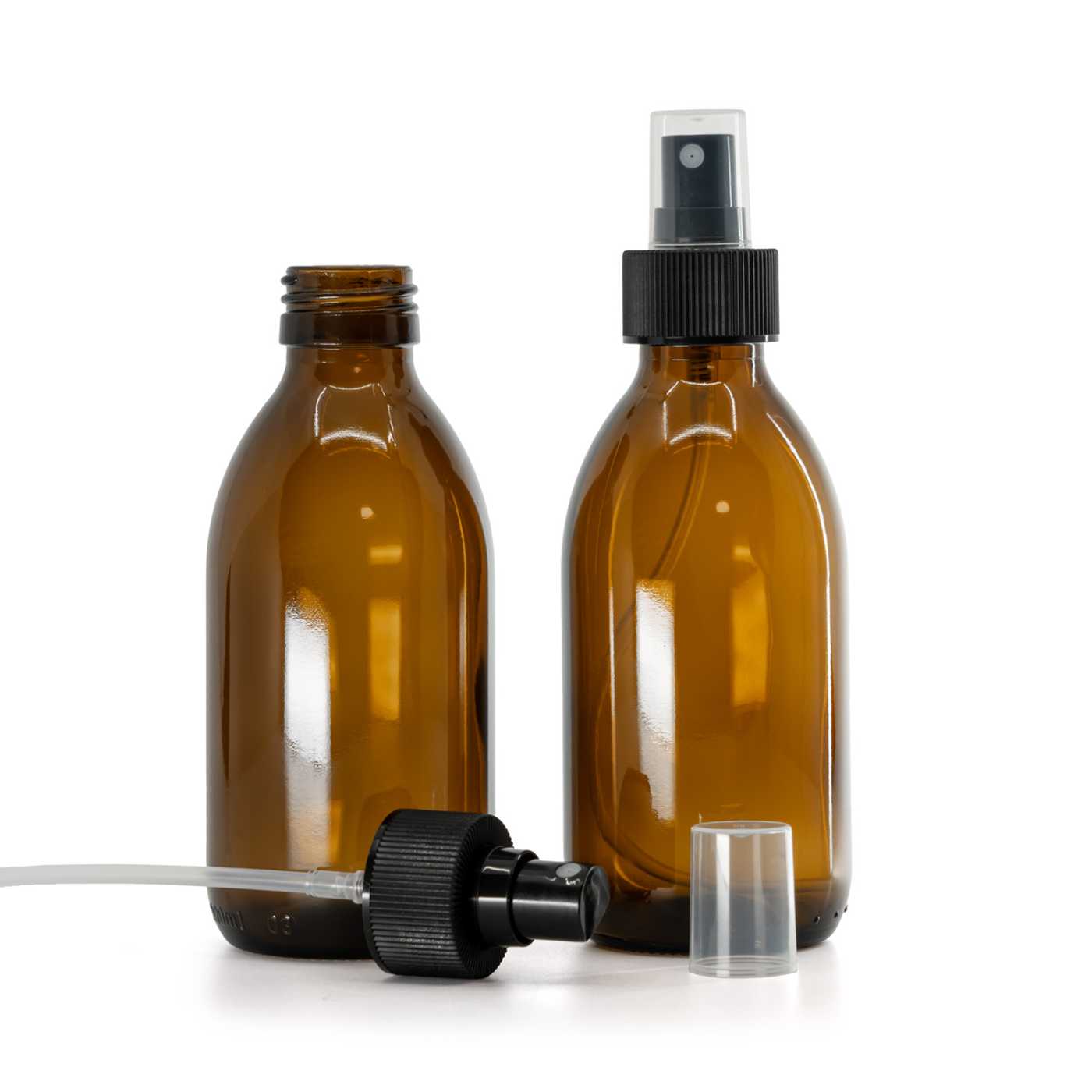 Szklana butelka apteczna brązowa, syropowa, 28 mm, plastikowy atomizer, 28/410, czarny, karbowana obręcz, 200 ml