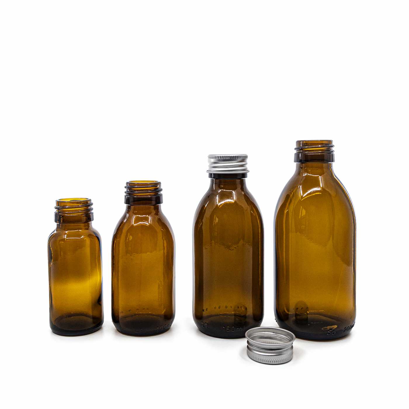 Szklana butelka apteczna brązowa, syropowa, 28 mm, srebrna aluminiowa nakrętka, 200 ml