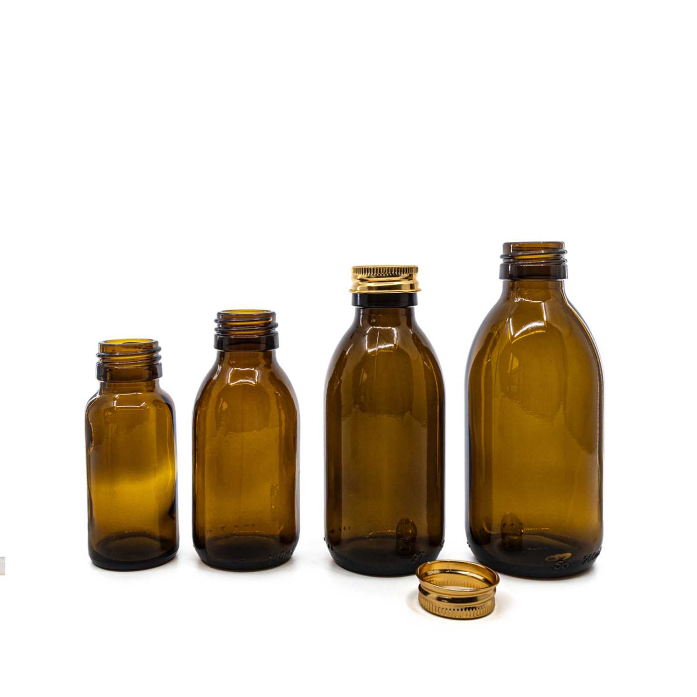 Szklana butelka apteczna brązowa, syropowa, 28 mm, różowo-złota aluminiowa nakrętka, 200 ml