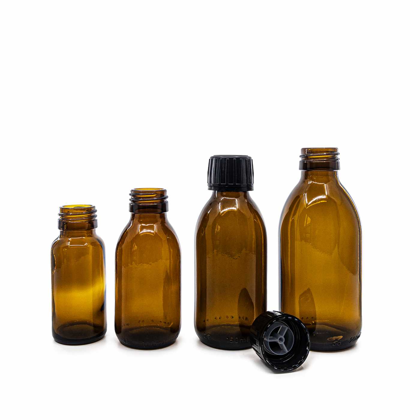Butelka szklana apteczna, brązowa, 28 mm, czarna nakrętka z wkładką wylewową, 200 ml