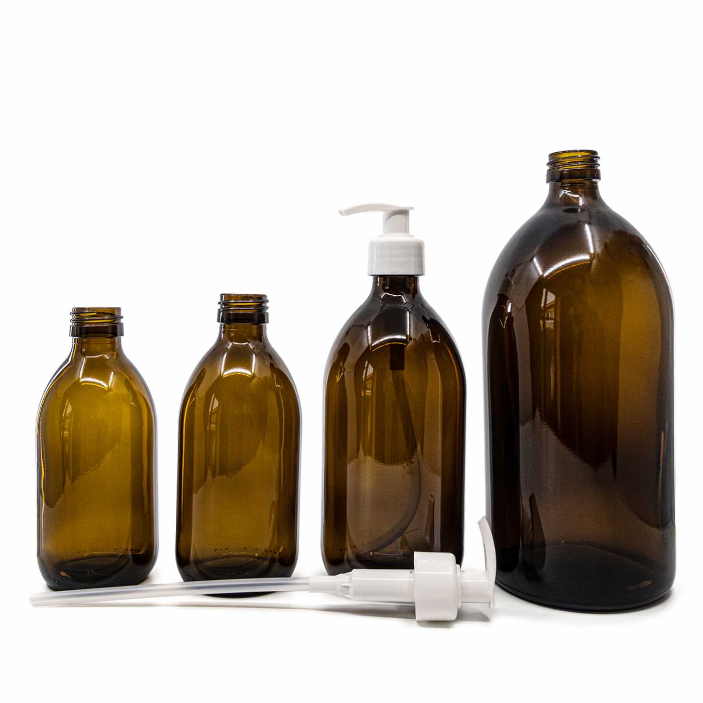 Szklana butelka apteczna brązowa, syropowa, 28 mm, biały dozownik, 250 ml