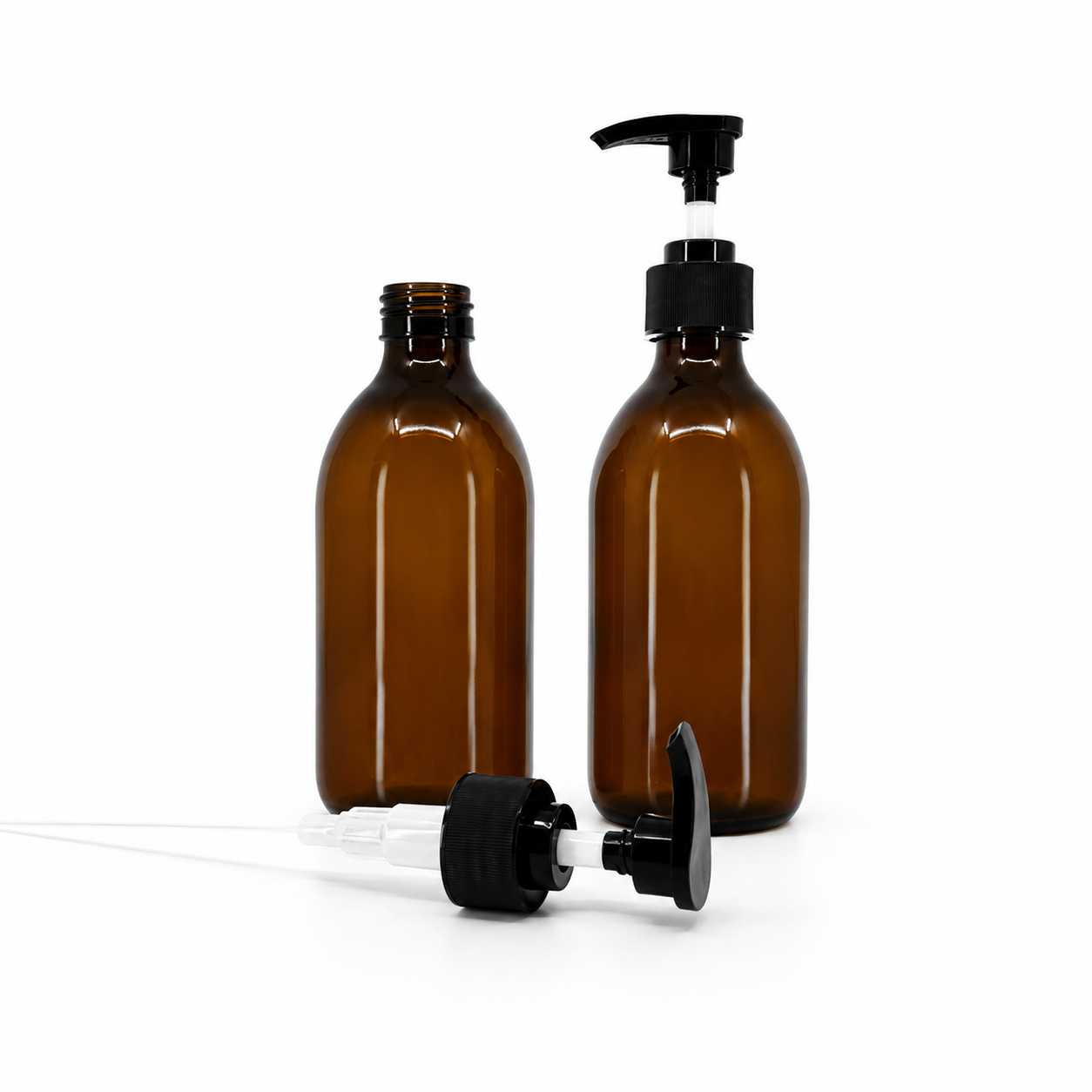 Szklana butelka apteczna brązowa, syropowa, 28 mm, czarny dozownik, karbowana obręcz, 250 ml