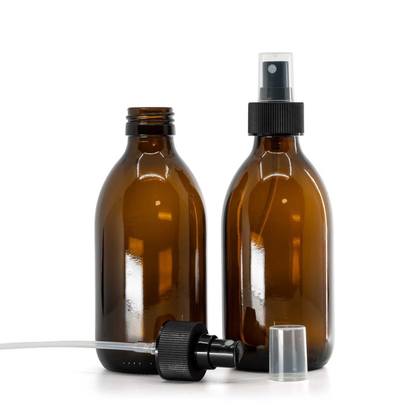 Szklana butelka apteczna brązowa, syropowa, 28 mm, plastikowy atomizer, 28/410, czarny, karbowana obręcz, 250 ml