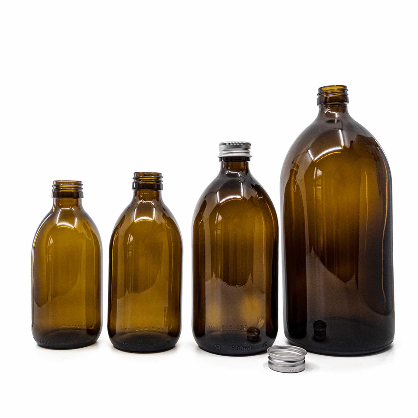 Szklana butelka apteczna brązowa, syropowa, 28 mm, srebrna aluminiowa nakrętka, 250 ml