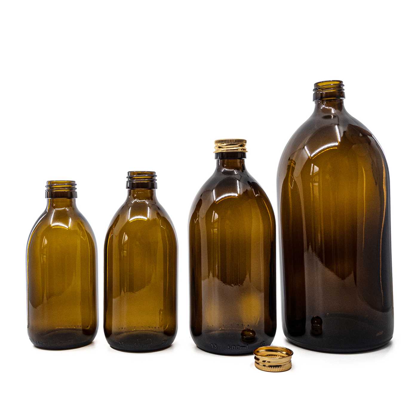 Szklana butelka apteczna brązowa, syropowa, 28 mm, różowo-złota aluminiowa nakrętka, 250 ml
