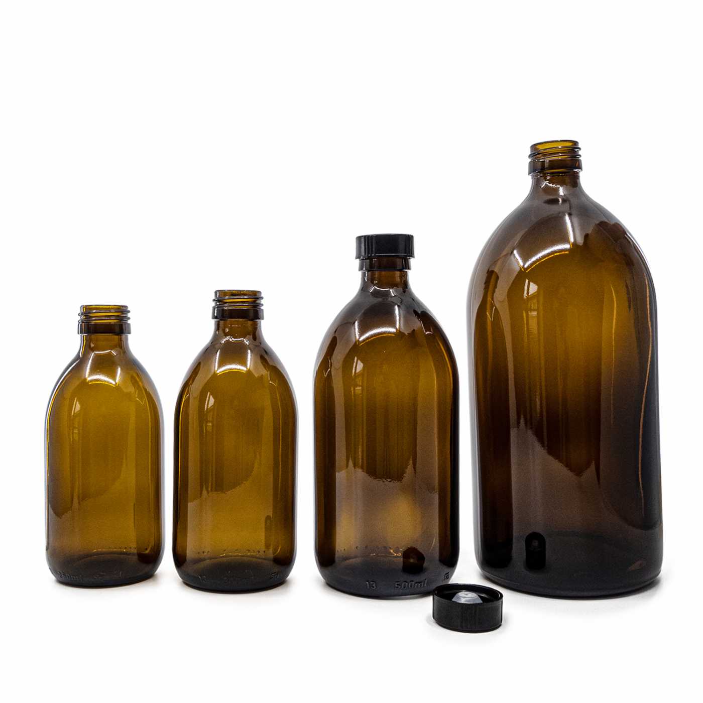 Szklana butelka apteczna brązowa, syropowa, 28 mm, czarna niska nakrętka, 250 ml