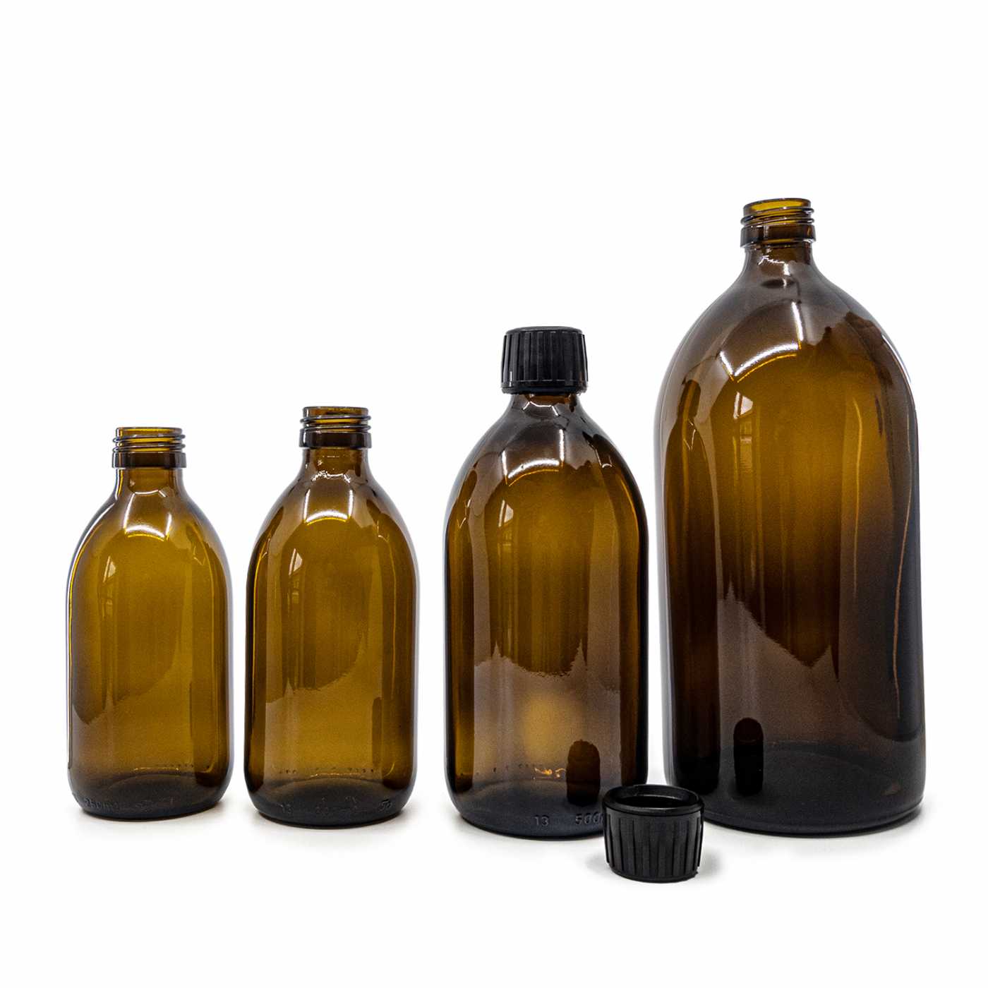 Szklana butelka apteczna brązowa, syropowa, 28 mm, czarna nakrętka, 250 ml
