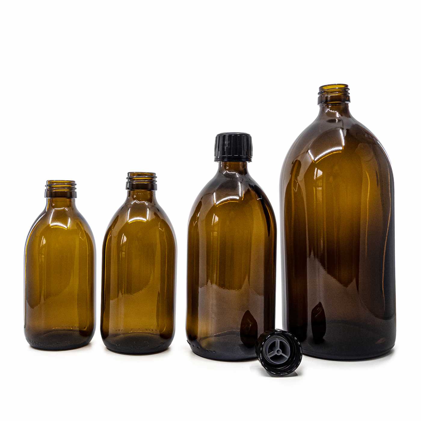 Butelka szklana apteczna, czarna nakrętka z wkładką do nalewania, 250 ml