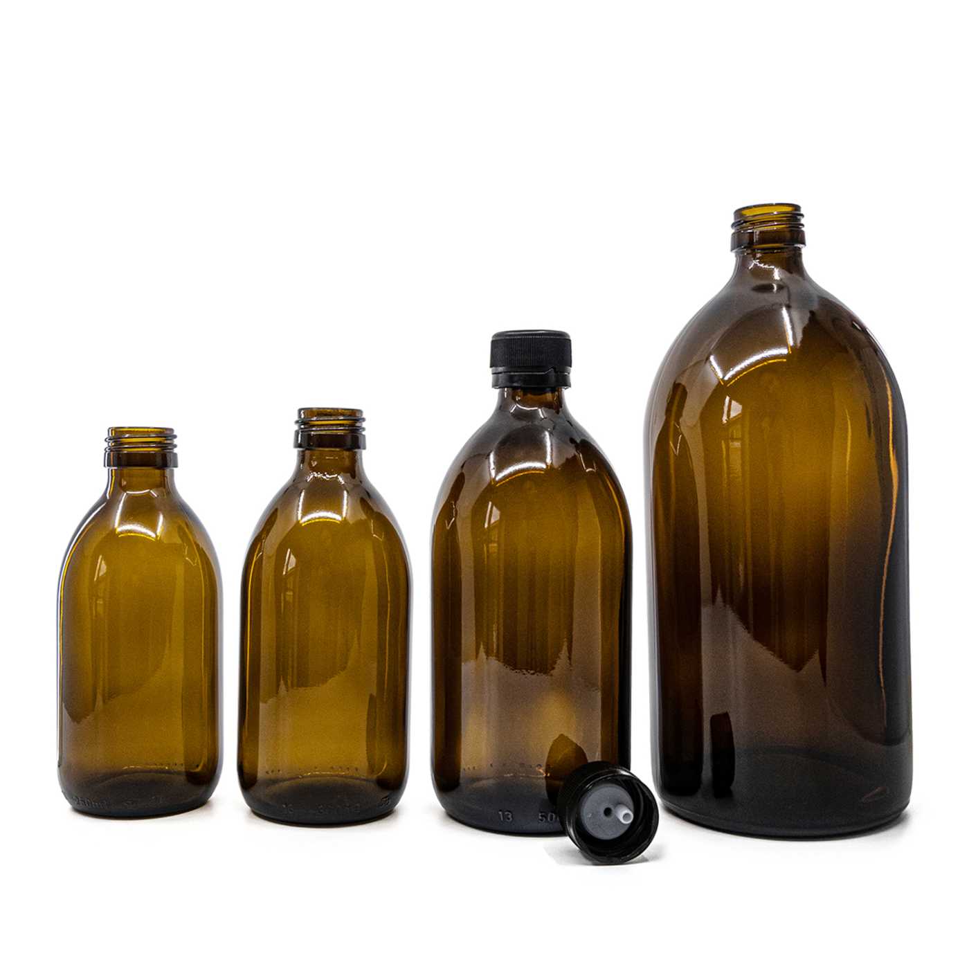 Butelka szklana apteczna, brązowa, 28 mm, czarna plastikowa nakrętka z kroplomierzem, 250 ml