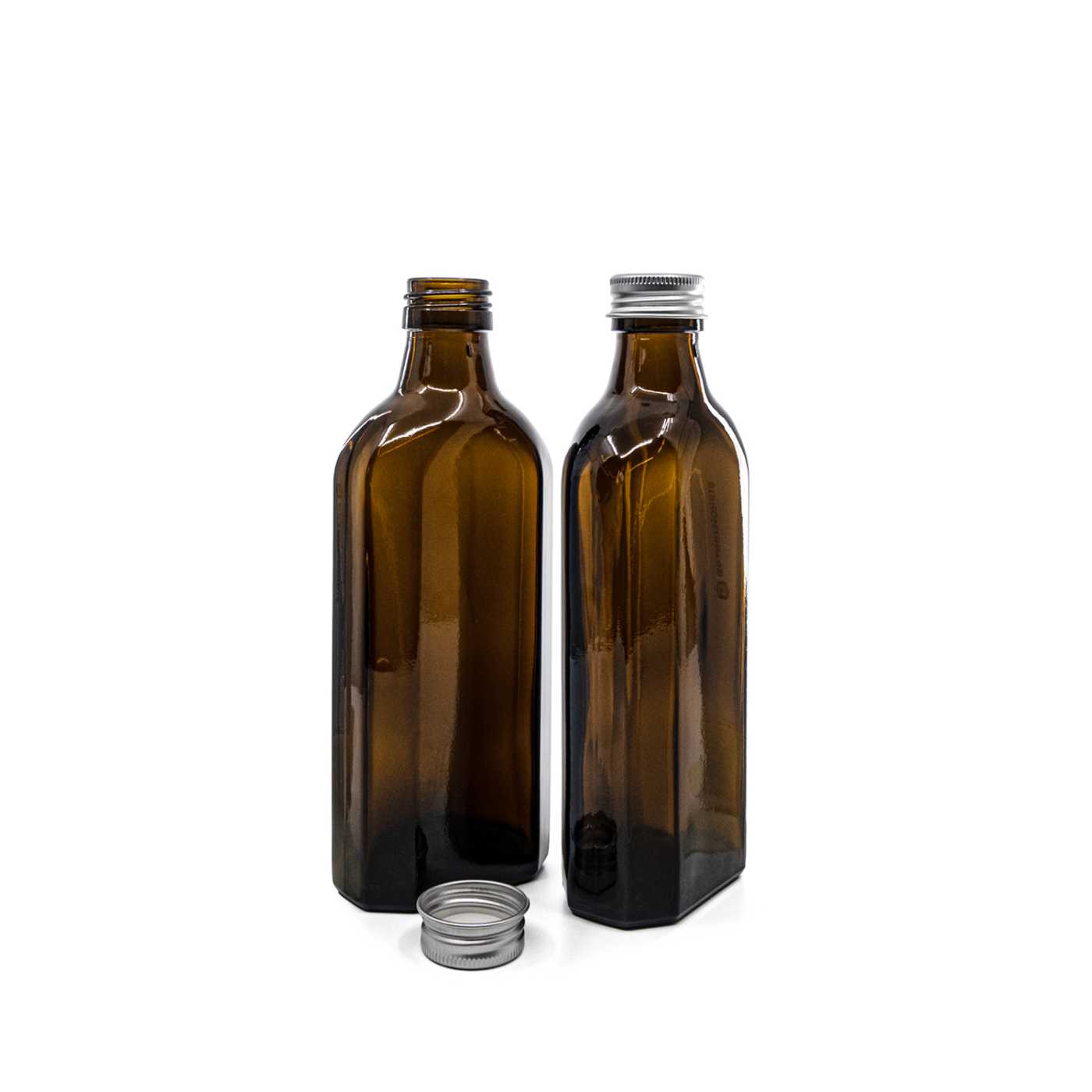 Flacon en verre brun pour usage pharmaceutique, rectangulaire, PP28S, bouchon en aluminium argenté,