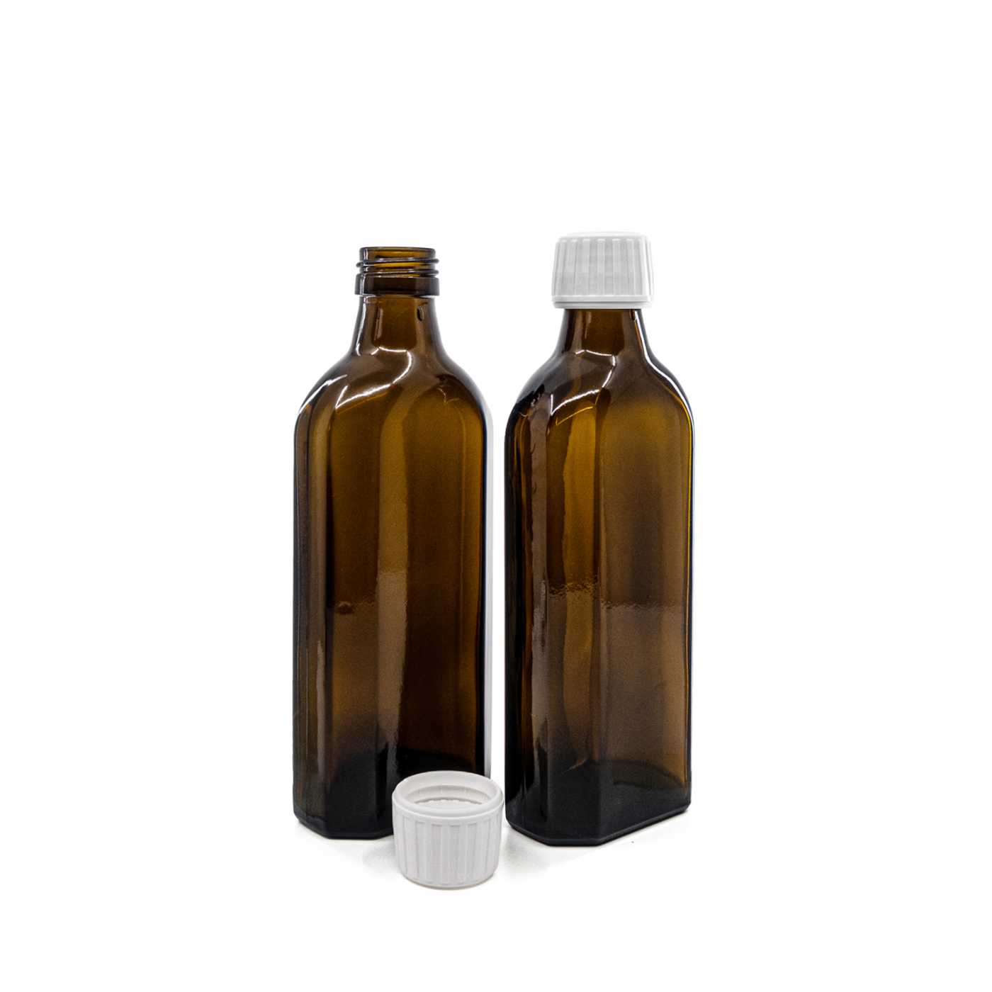 Butelka szklana apteczna, płaska, PP28S, biała nakrętka, 250 ml