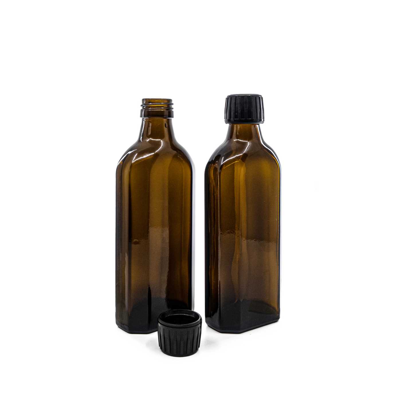 Bouteille en verre brun, rectangulaire, PP28S, bouchon noir, 250 ml