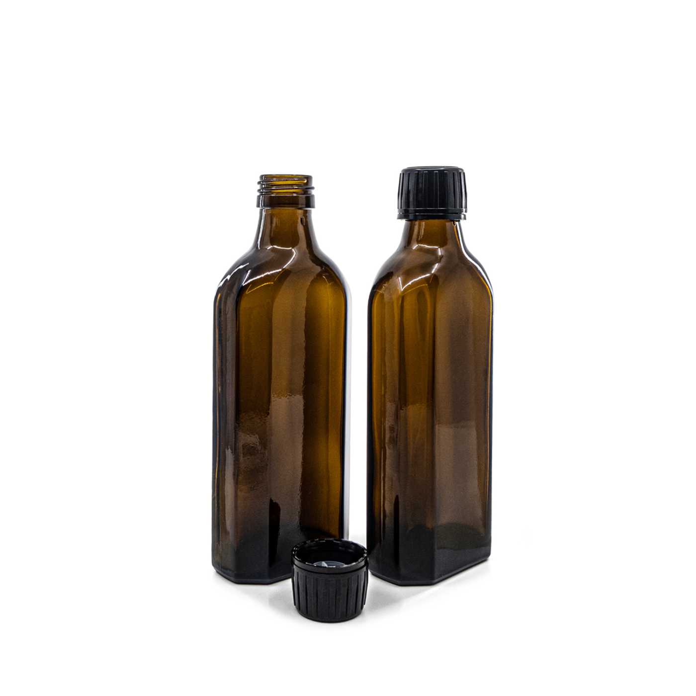 Butelka szklana apteczna, płaska, PP28S, czarna nakrętka z wkładką do nalewania, 250 ml