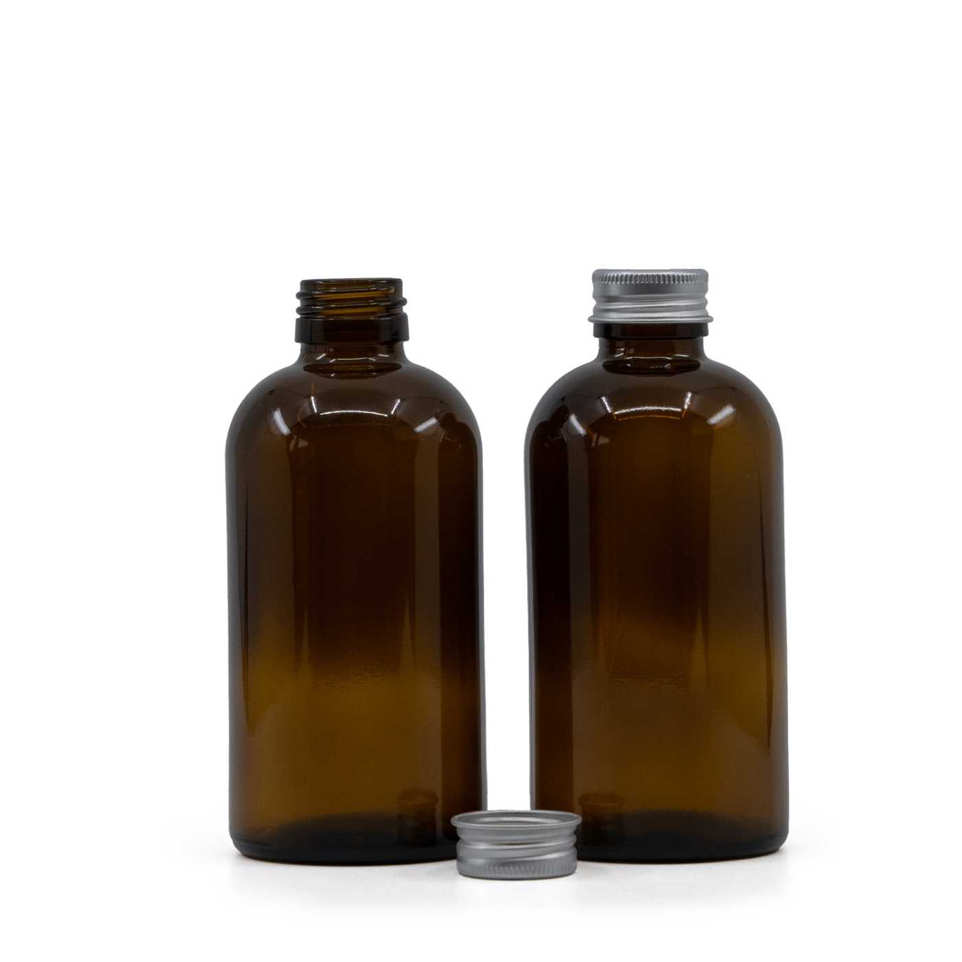 Braune Glasflasche Boston, 28 mm, silberner Aluminium-Verschluss, 250 ml