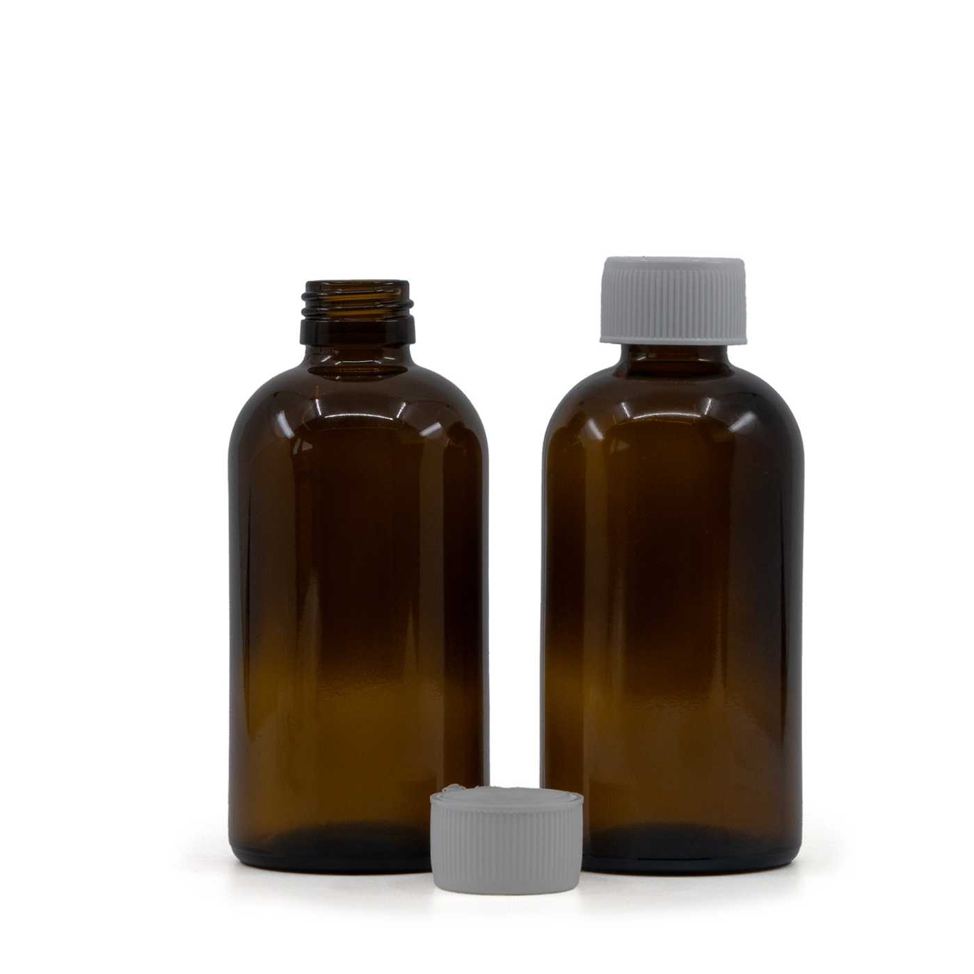 Bouteille en verre Boston brune, 250 ml, bouchon de sécurité blanc 28 mm