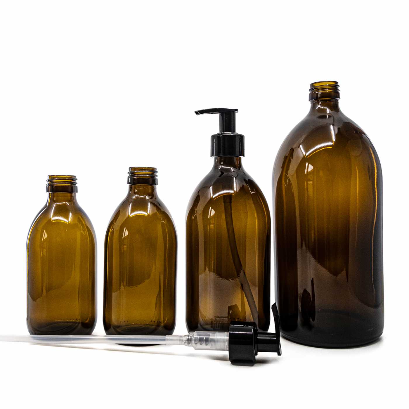 Bouteille en verre brune, distributeur noir lisse, 300 ml