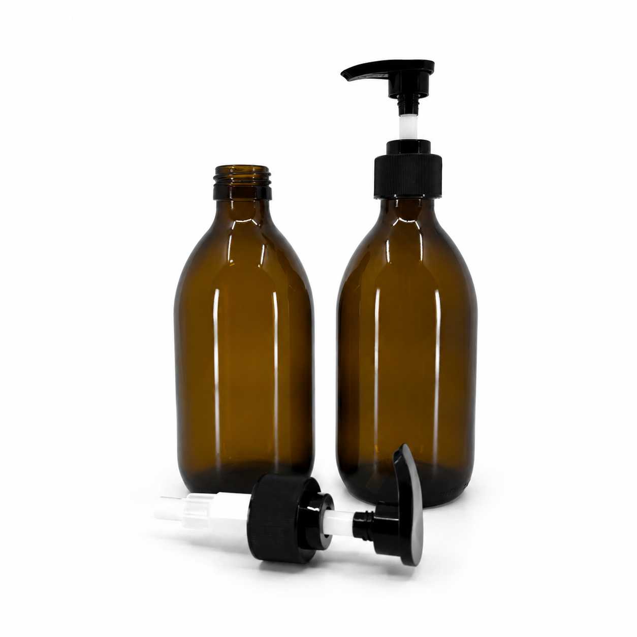 Szklana butelka apteczna brązowa, syropowa, 28 mm, czarny karbowany dozownik, 300 ml