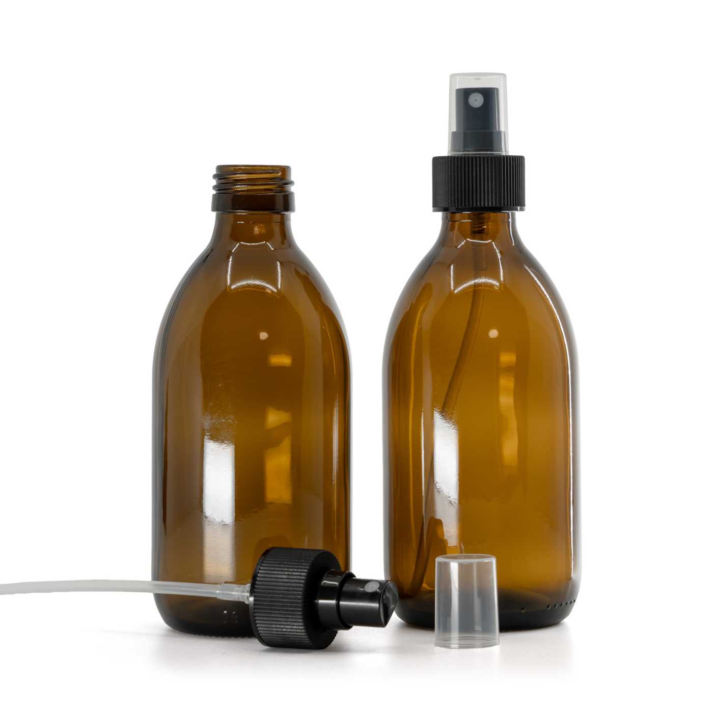 Braune Glasflasche, Kunststoff-Sprühzerstäuber, schwarz, gerillter Ring, 300 ml