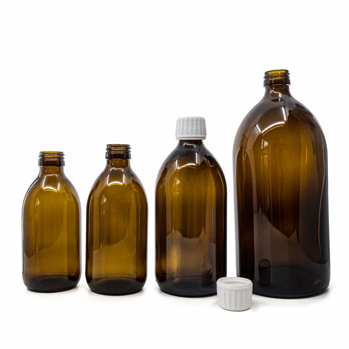 Bouteille en verre ambré, 28 mm, bouchon blanc, 300 ml
