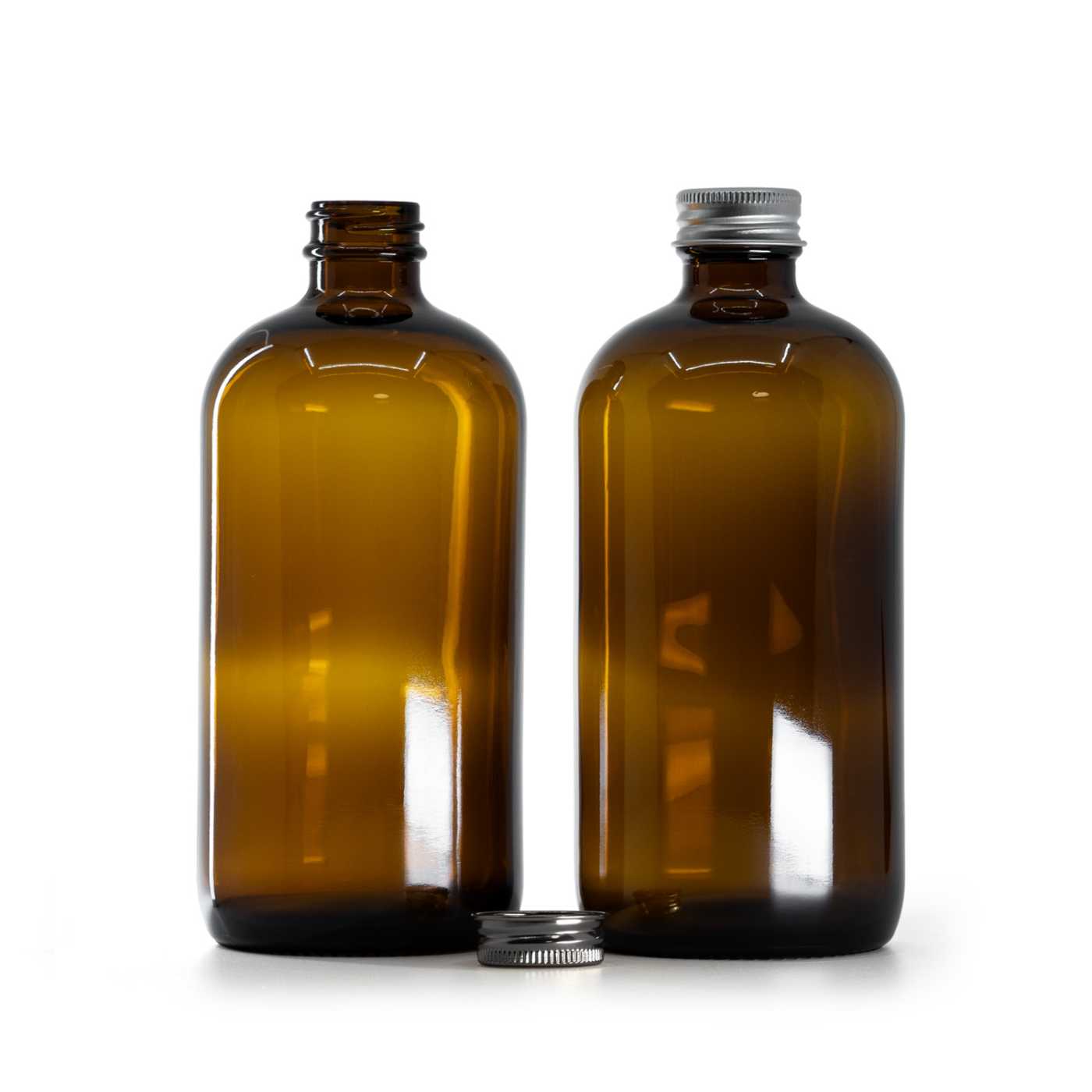 Flacon en verre brun, bouchon argenté, 480 ml