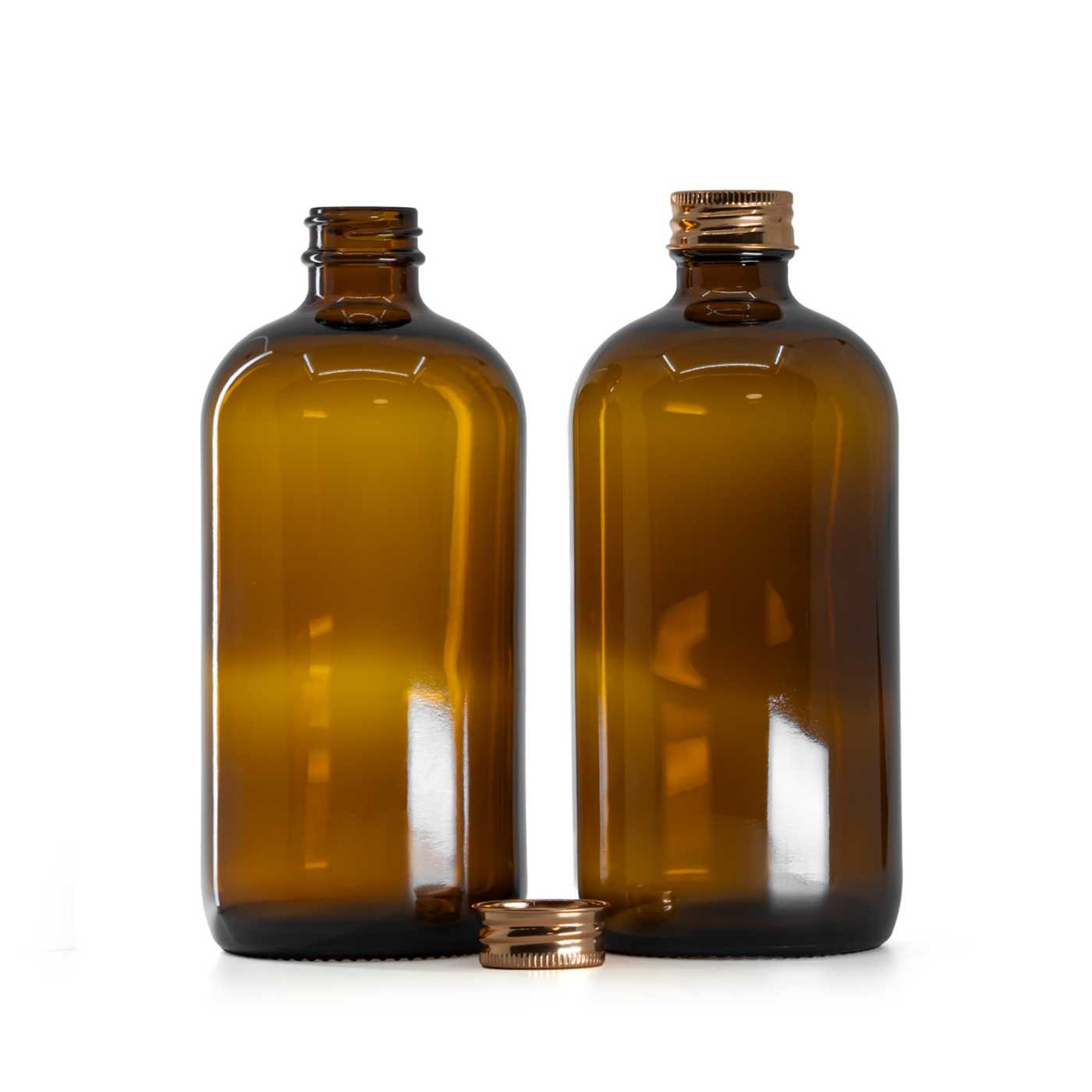 Braune Glasflasche, 28 mm, roségoldener Aluminiumverschluss, 480 ml
