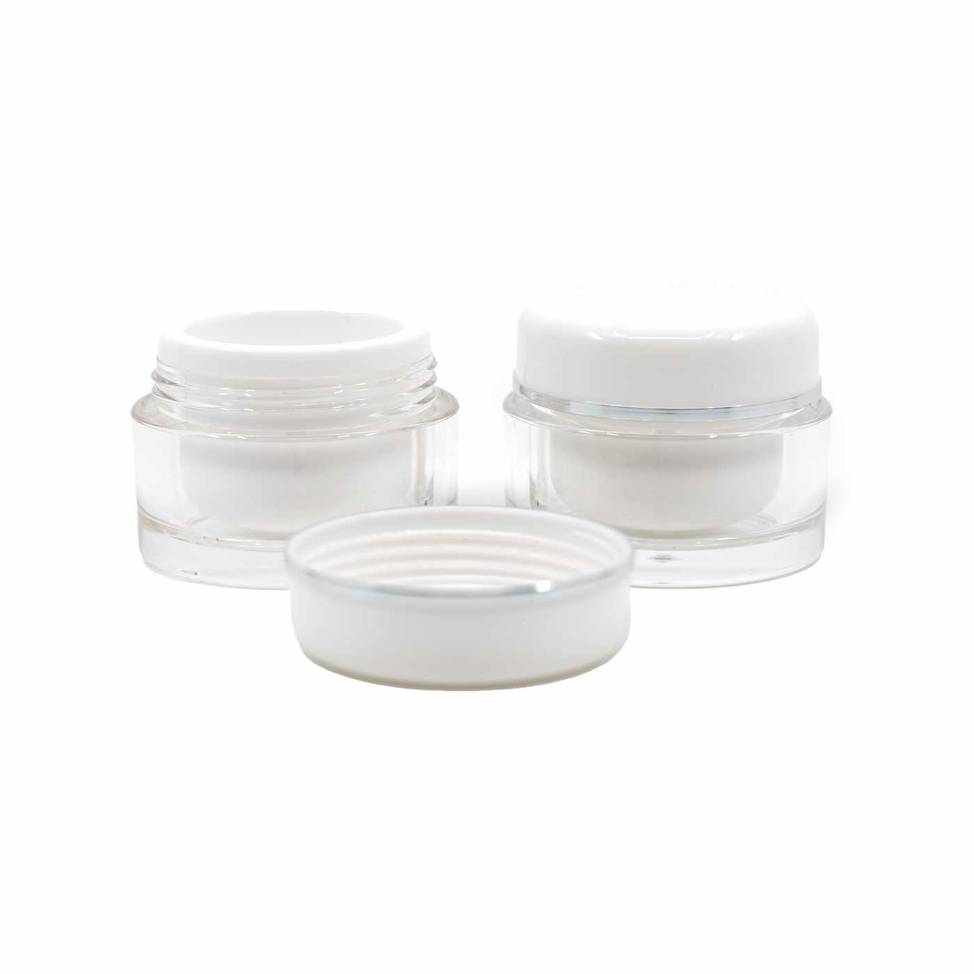 Műanyag, dupla falú tégely, fehér-áttetsző, ezüst gyűrűvel, 5 ml