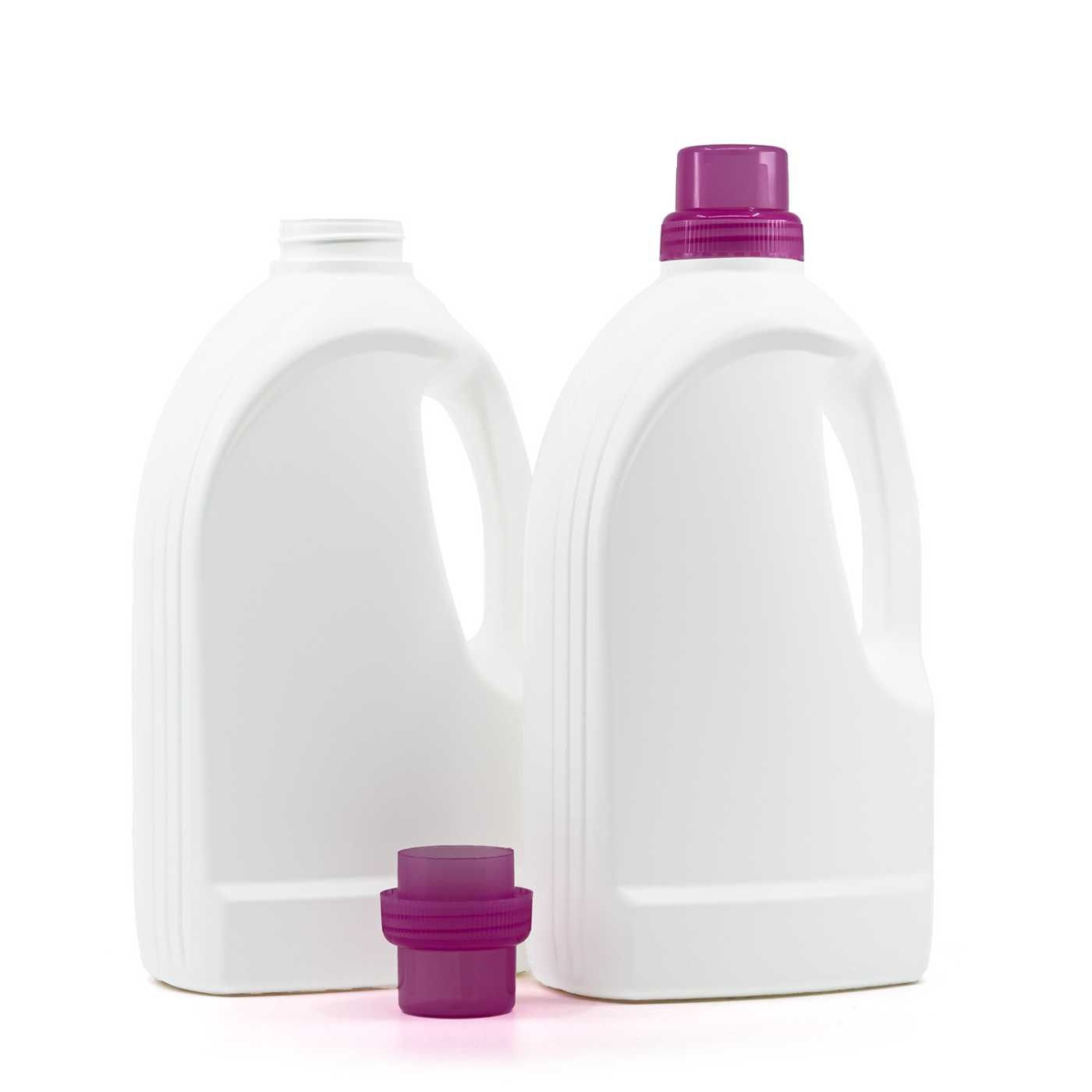 Flacon en plastique blanc pour assouplissant, bouchon rose, 1,5 l