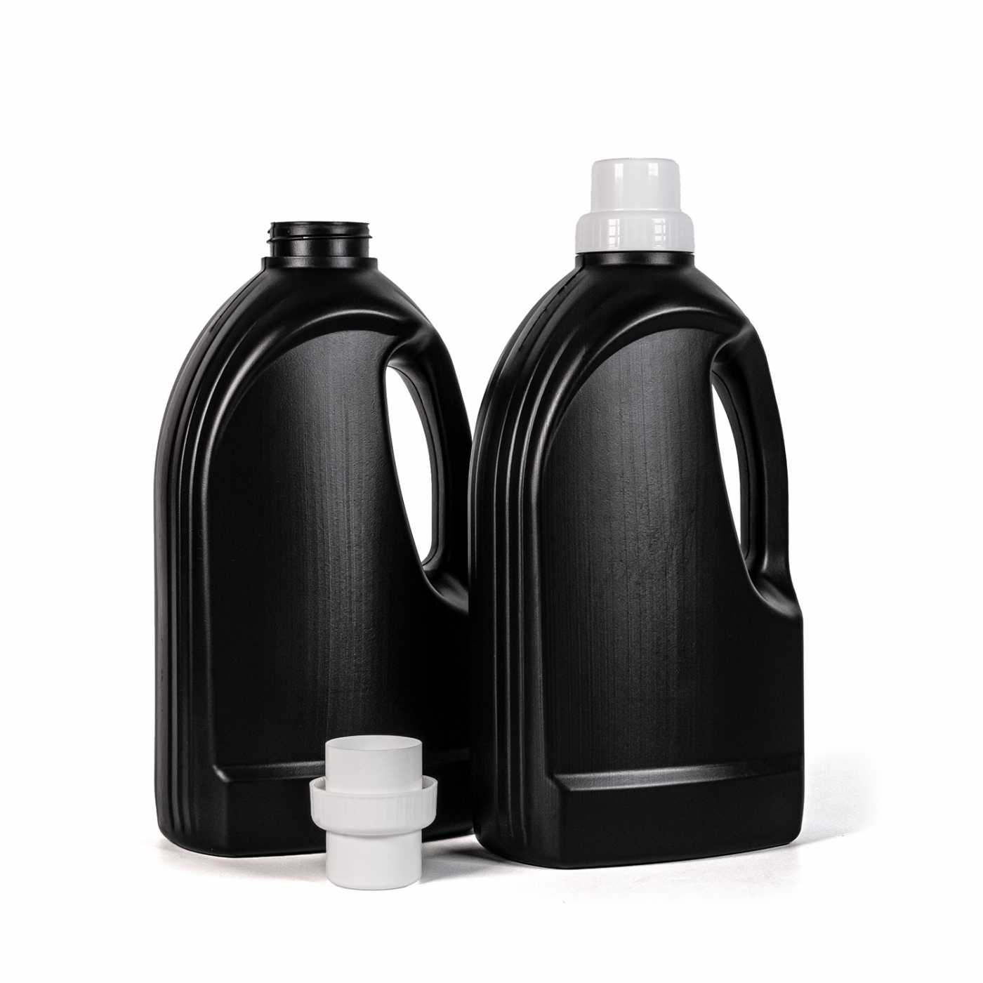 Flacon en plastique noir pour assouplissant, bouchon blanc, 1,5 l
