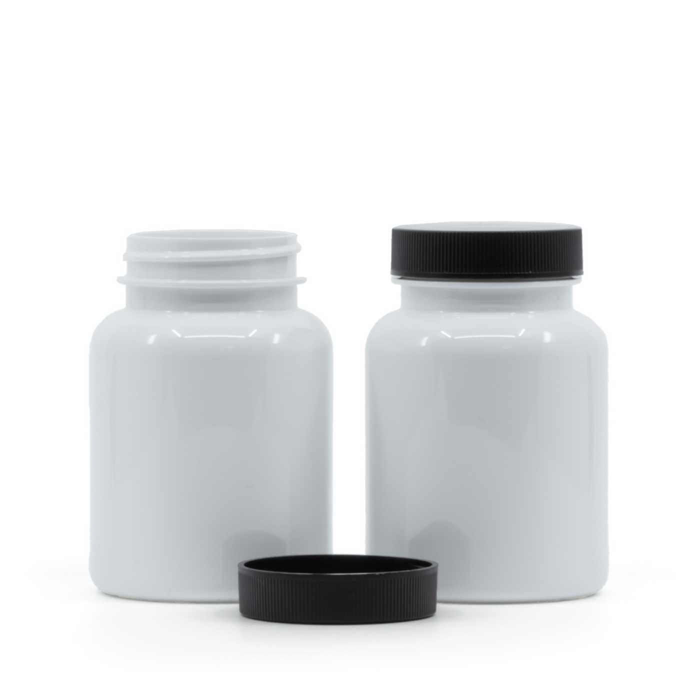 Műanyag tégely tablettákra, fehér, fekete tető, 150 ml