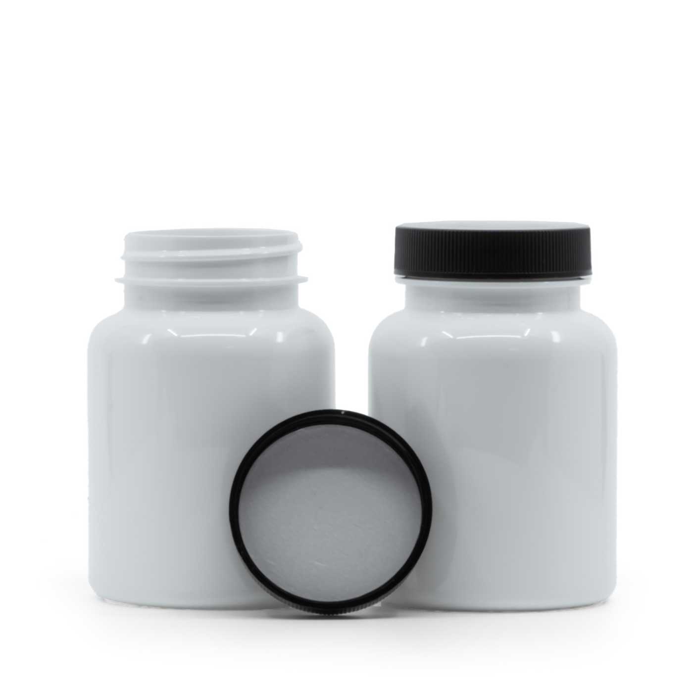 Műanyag tablettatartó tégely, fehér, fekete kupak, indukciós zárófólia, 150 ml