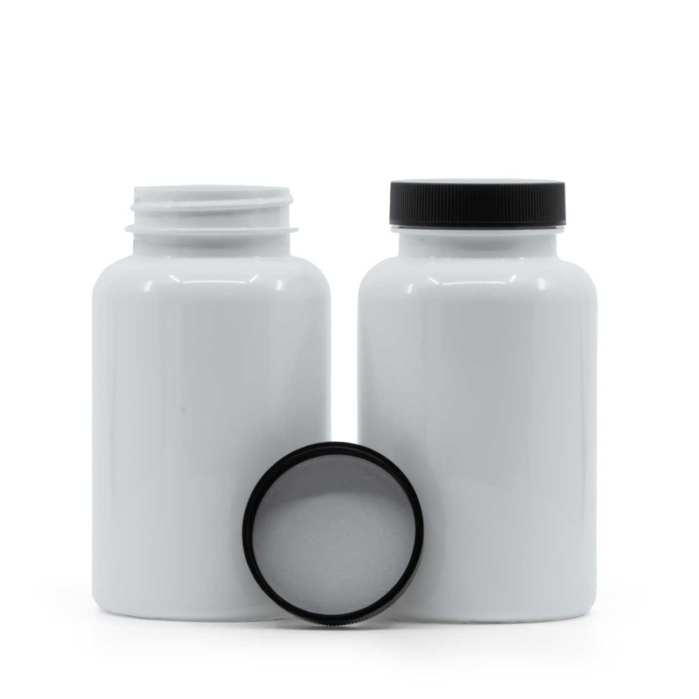 Műanyag tablettás tégely, fehér, fekete kupak, indukciós zárófólia, 250 ml