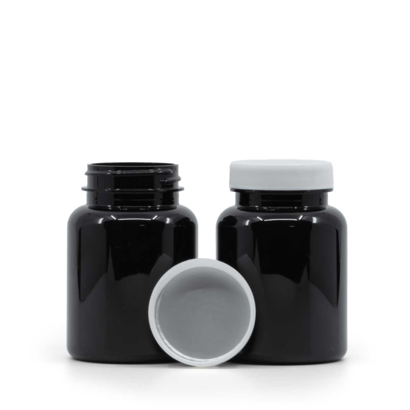 Plastová dóza na tabletky, černá, bílý uzávěr, indukční vložka, 150 ml