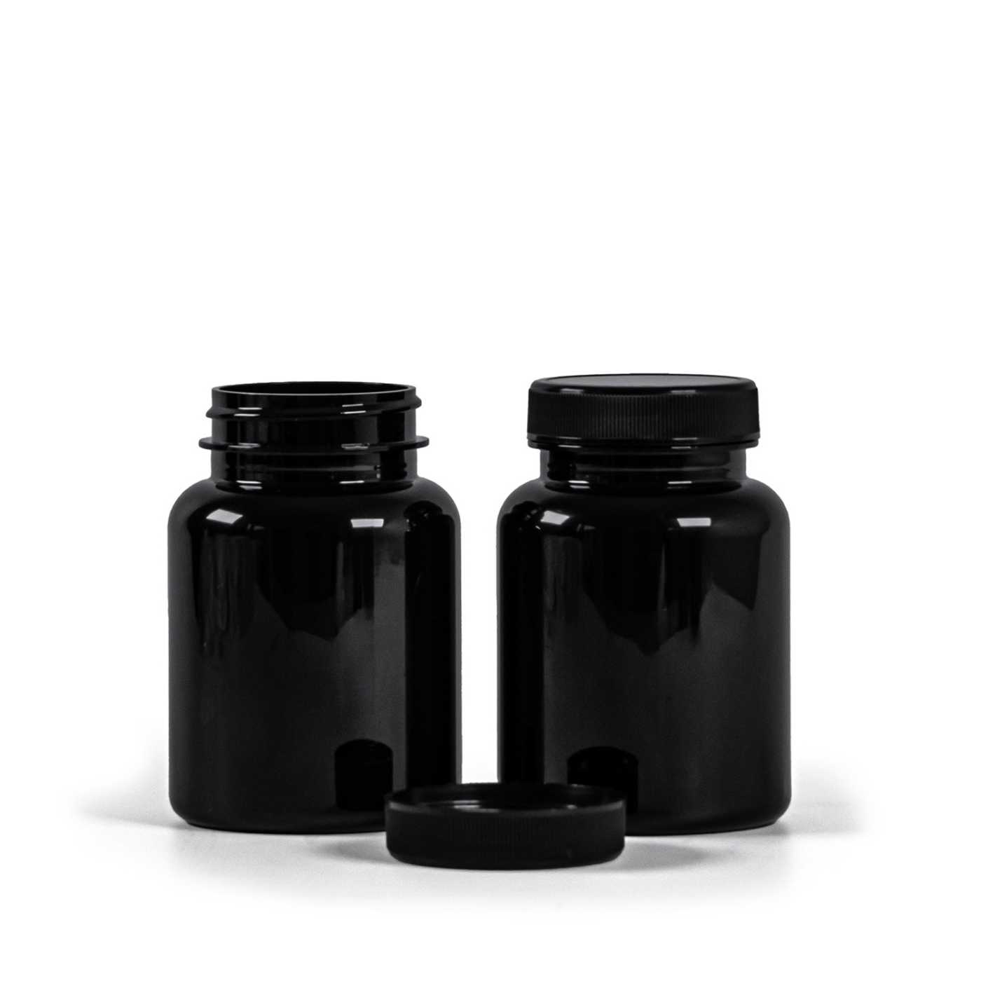 Plastová dóza na tabletky, černá, černé víčko, 150 ml