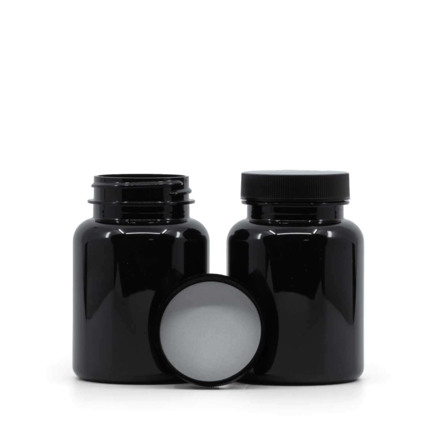 Plastová dóza na tabletky, černá, černé víčko, indukční vložka, 150 ml