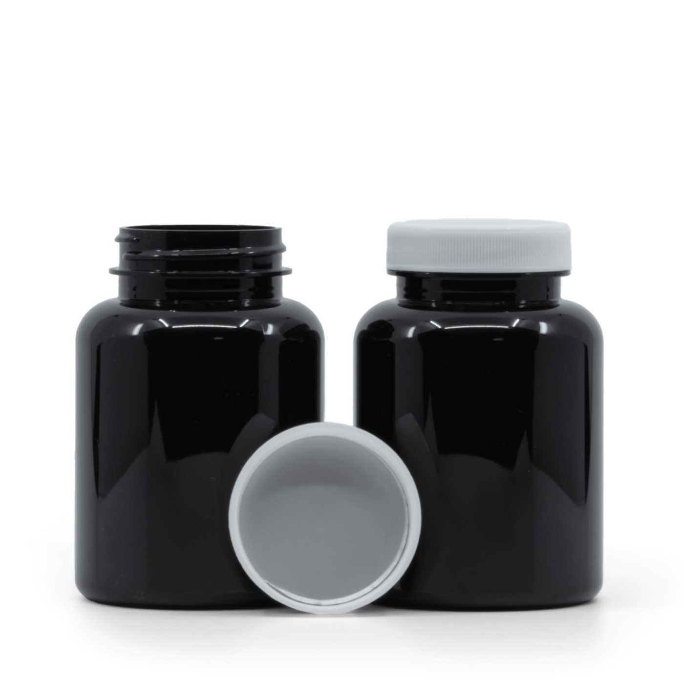 Plastová dóza na tabletky, černá, bílý víčko, indukční vložka, 200 ml