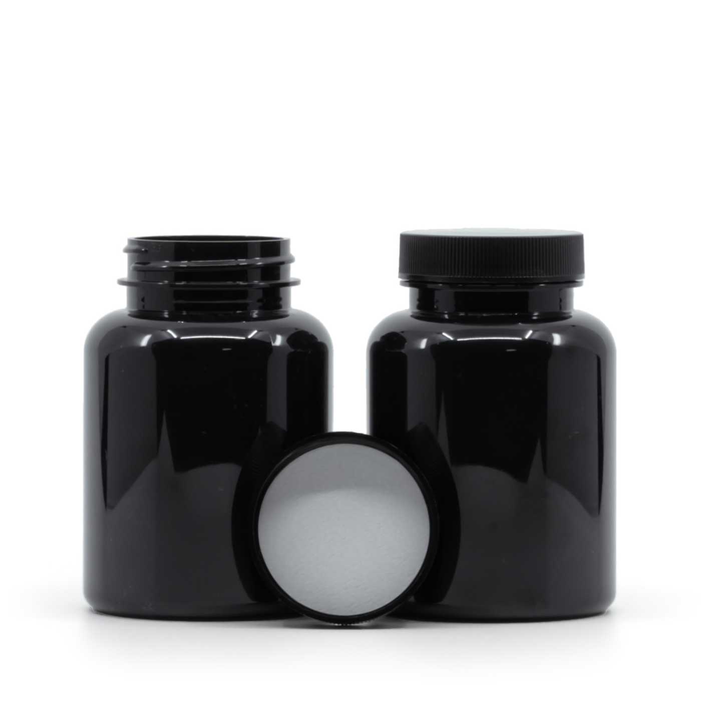 Fekete műanyag tablettás tégely, fekete kupak, indukciós zárófólia, 200 ml