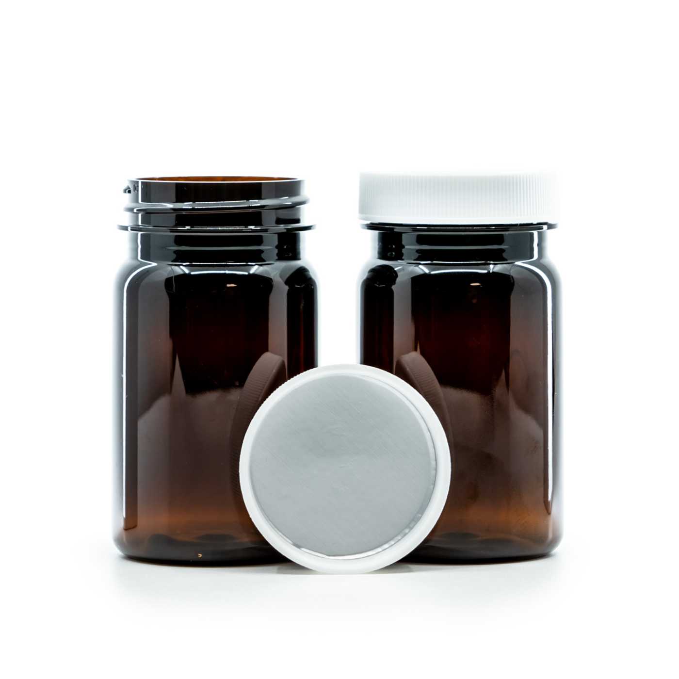 Hnědá plastová dóza na tablety, bílý uzávěr, indukční těsnicí vložka, 100 ml
