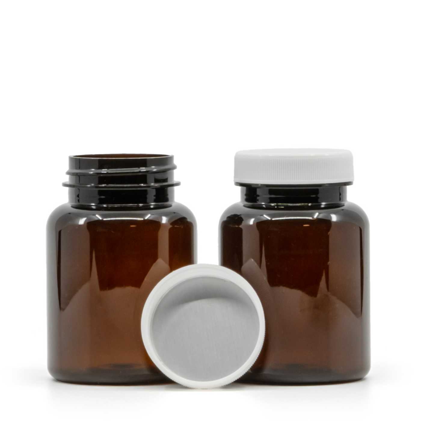Hnědá plastová dóza na tabletky, bílý uzávěr, indukční těsnění, 150 ml