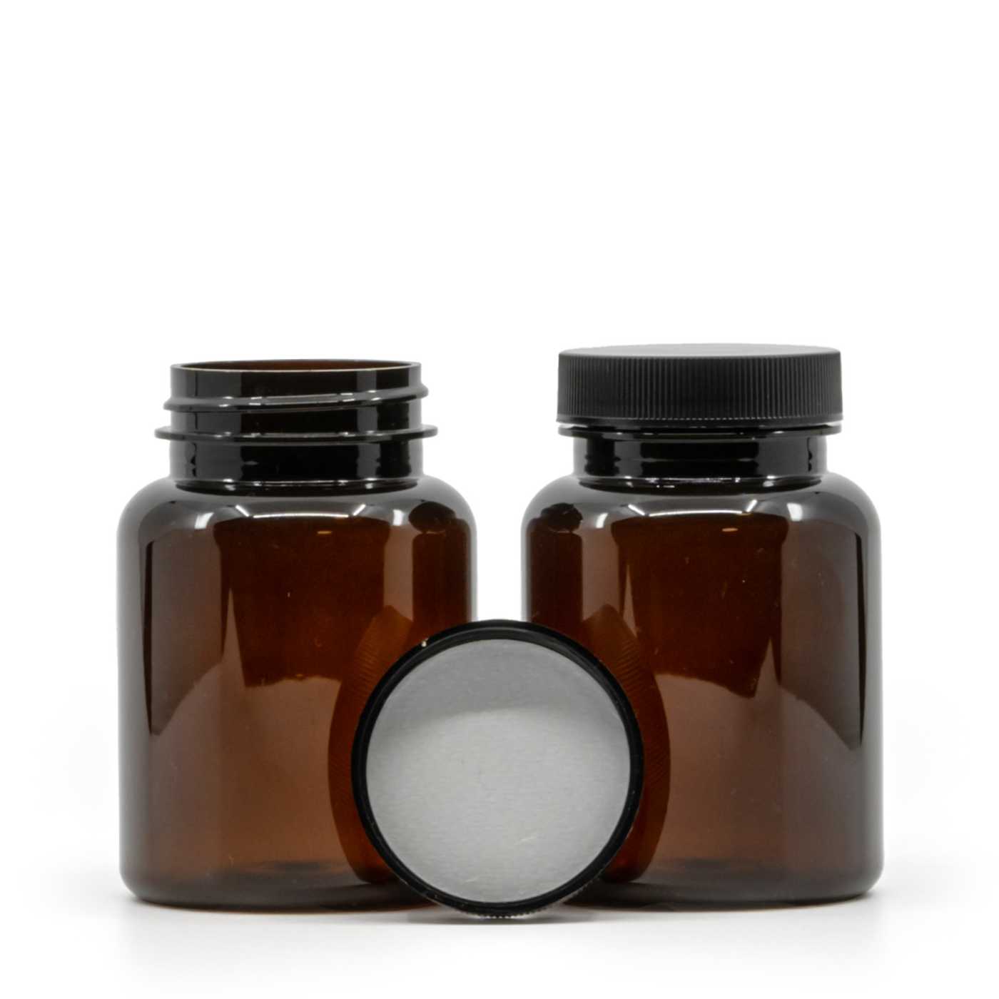 Hnědá plastová dóza na tabletky, černé víčko, indukční těsnění, 150 ml