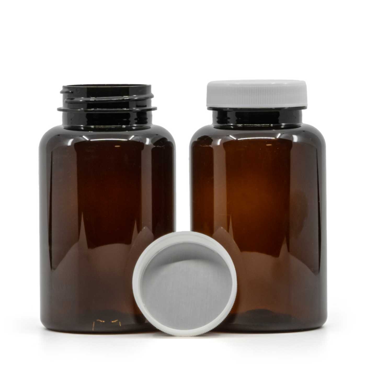 Hnědá plastová dóza na tablety, bílý uzávěr, indukční těsnění, 250 ml
