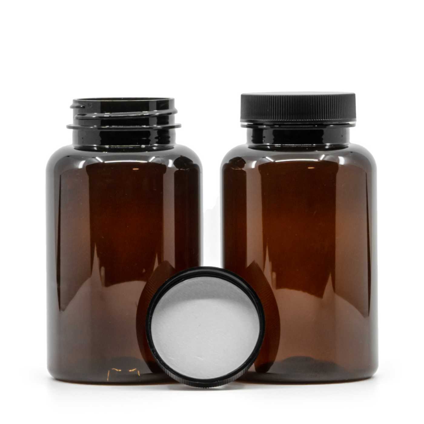 Plastová dóza na tablety, hnědá, černé víčko, indukční těsnění, 250 ml