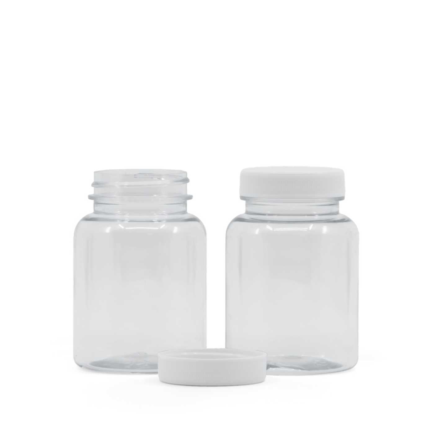 Průhledná plastová dóza na tablety s bílým víčkem 150 ml
