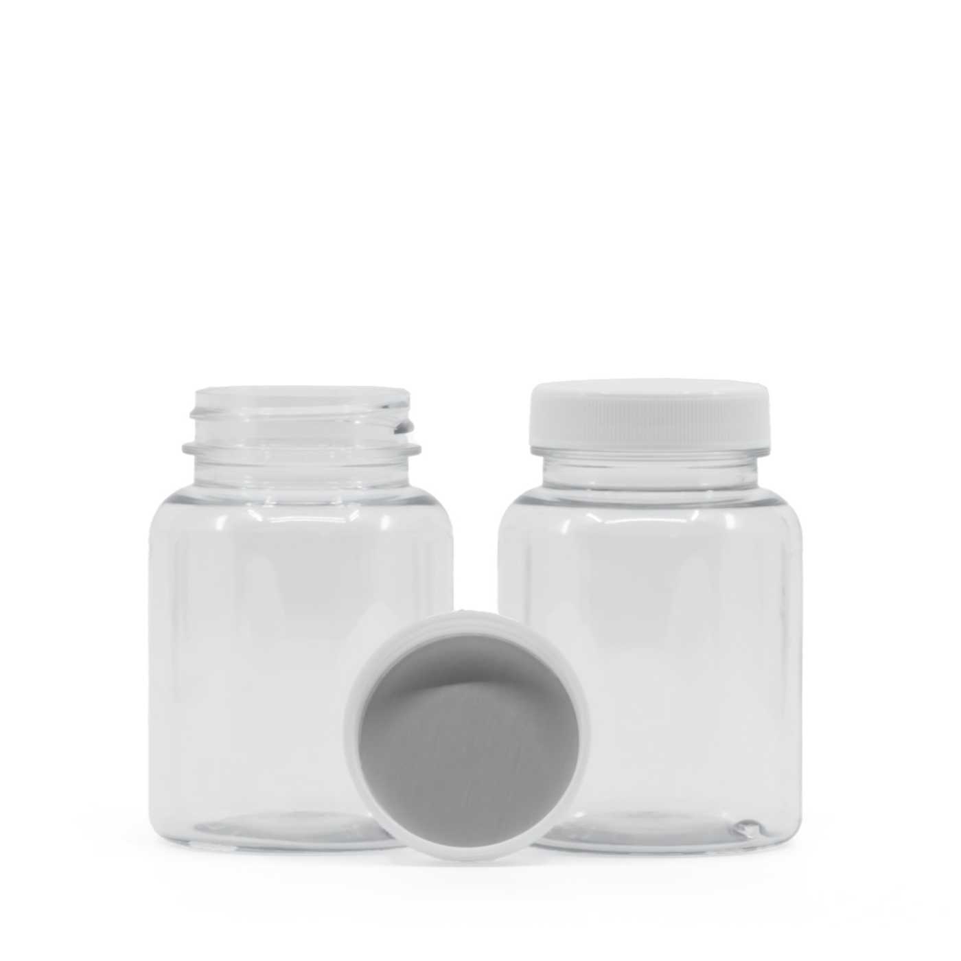Průhledná plastová dóza na tablety, bílý uzávěr, indukční těsnění, 150 ml