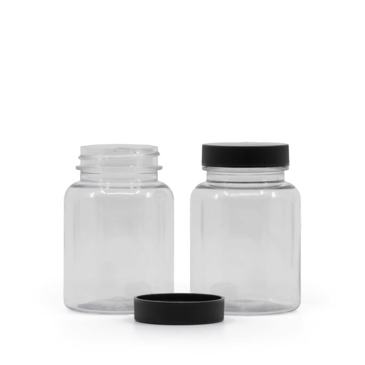 Průhledná plastová dóza na tablety s černým víčkem, 150 ml