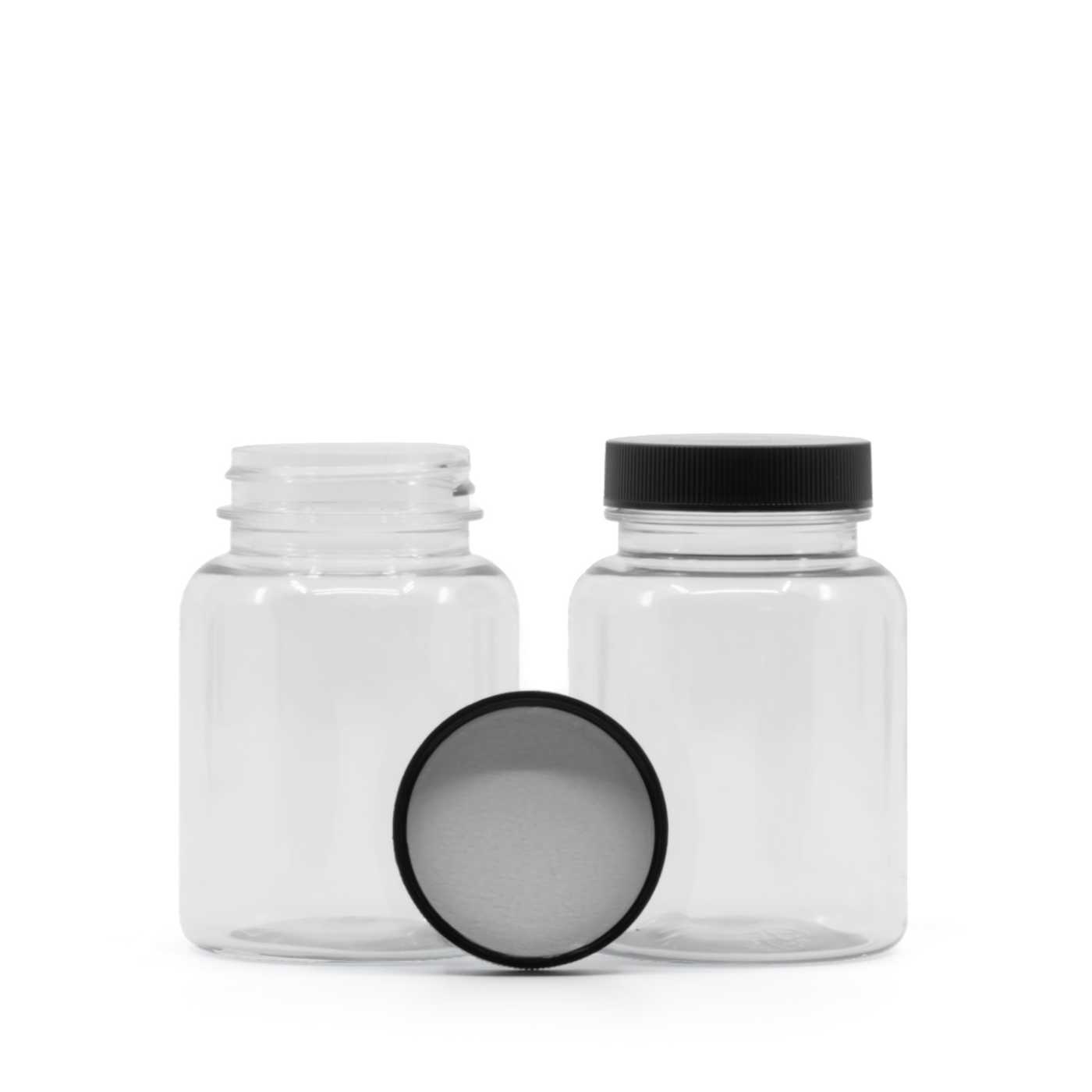 Průhledná plastová dóza na tabletky, černé víčko, indukční těsnění, 150 ml