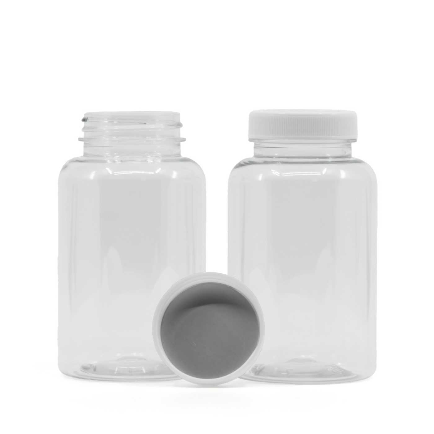 Průhledná plastová dóza na tablety, bílý víčko, indukční těsnění, 250 ml