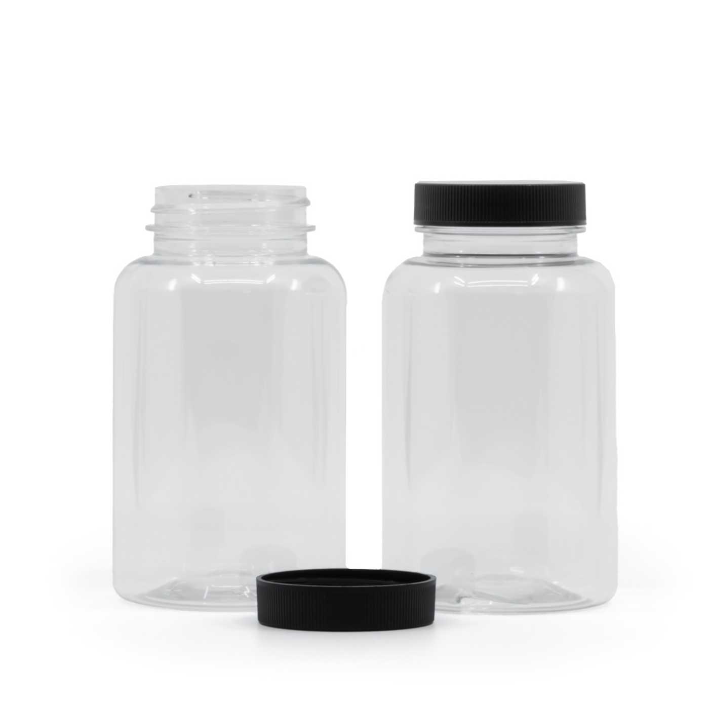 Průhledná plastová dóza na tabletky s černým víčkem, 250 ml