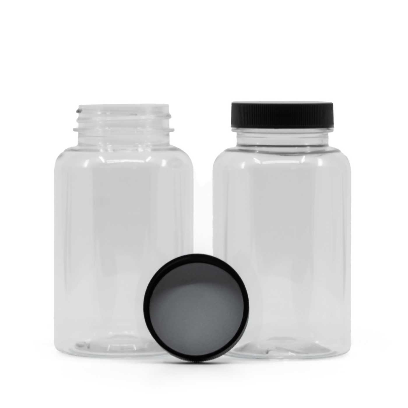Průhledná plastová dóza na tablety, černé víčko, indukční těsnění, 250 ml
