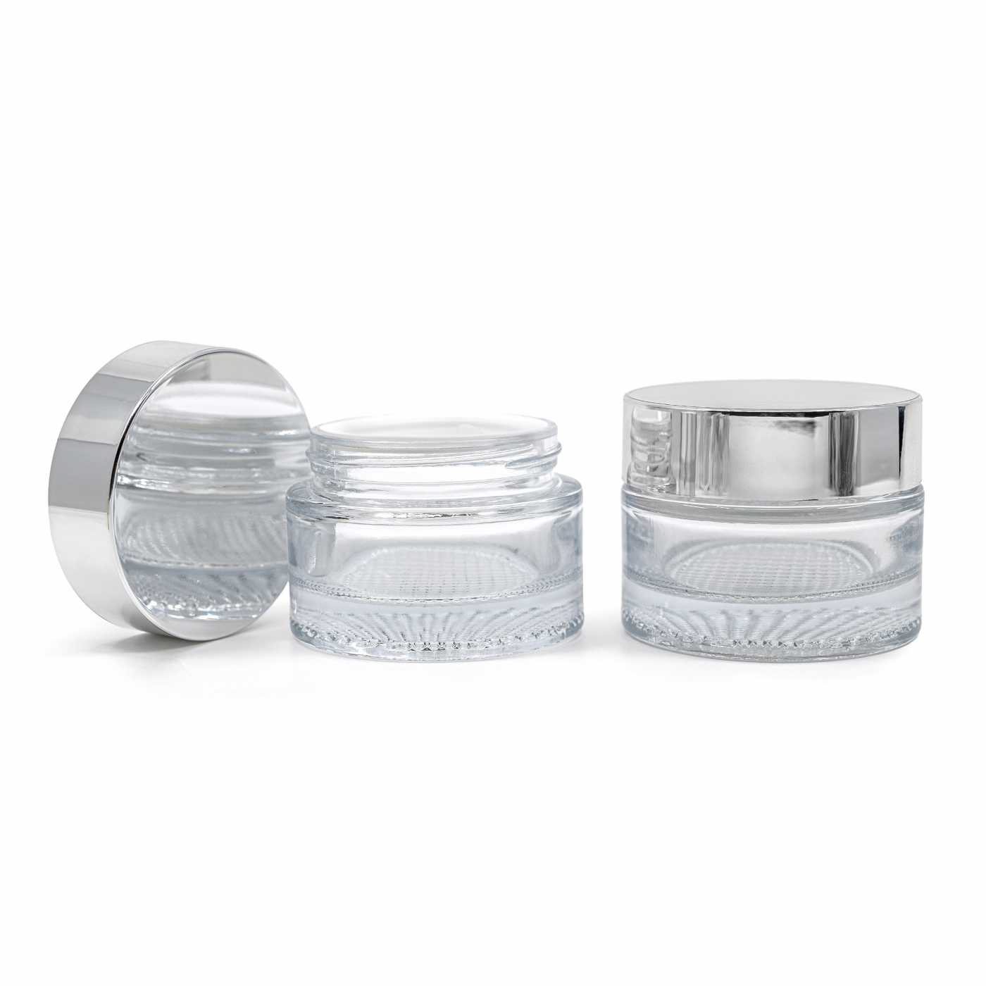 Szklany słoiczek kosmetyczny, przezroczysty, srebrna nakrętka, 25 ml