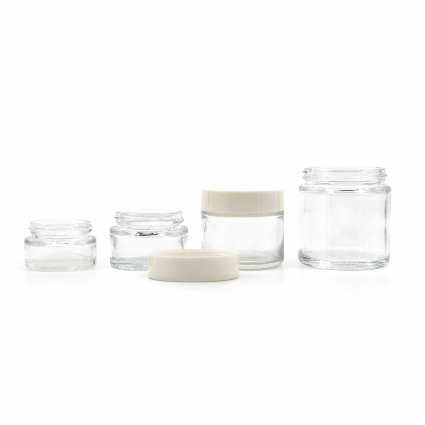 Szklany słoiczek kosmetyczny, przezroczysty, biała nakrętka z uszczelką, 30 ml
